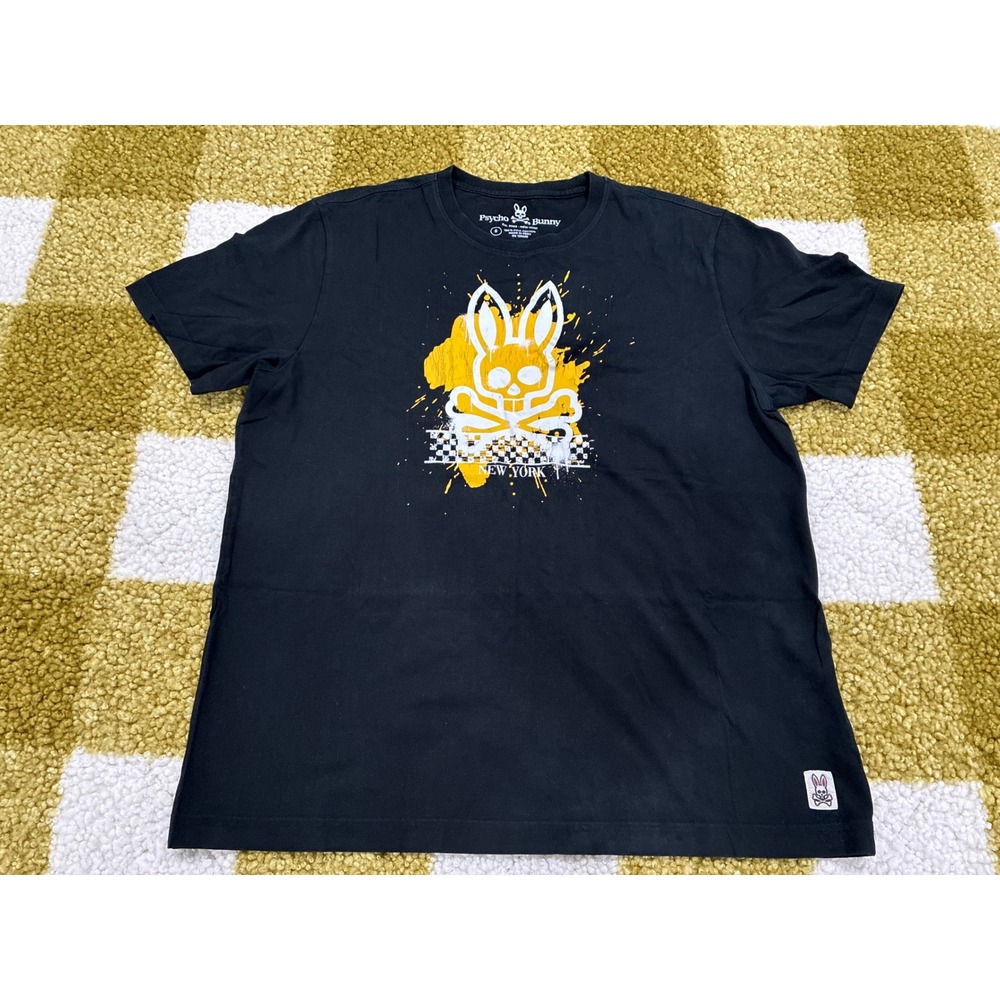 Psycho Bunny Mens Graphic Tee Black Yellow Skull Logo Pima Cotton Size 6 Large